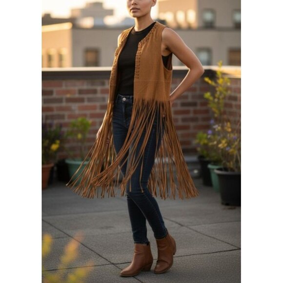 Hippie Costume Set With Fringe Vest Feather Earrings Beaded Headband & Round Sun - Picture 1 of 10